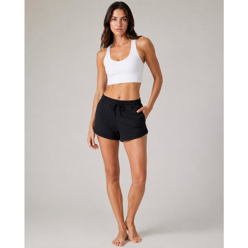 Athleta Cozy Fleece Shorts Large Black Drawstring Pockets Athleisure Loungewear